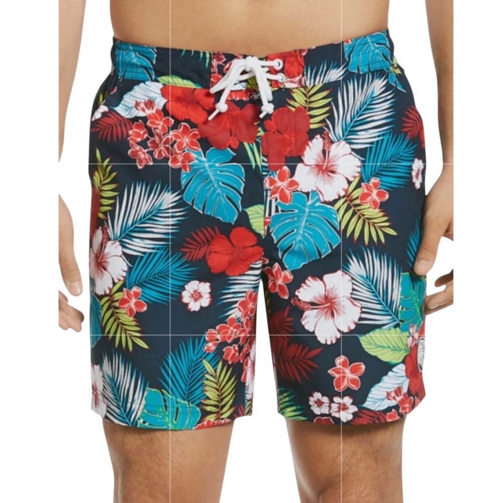 NWT Original Penguin Men’s Floral Print 6” Swim Trunks in Dark Sapphire